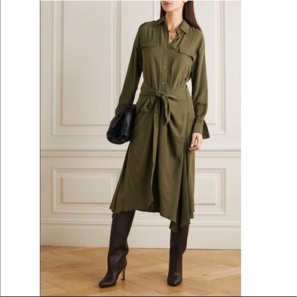 Vince olive green button front tie front asymmetric hemline shirtdress